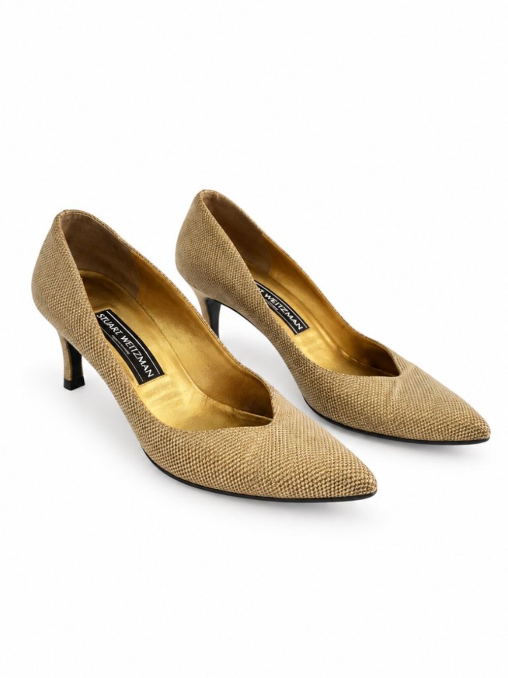 Stuart Weitzman Womens 8N Gold Metallic Mesh Pointed Toe Kitten Heel Pumps